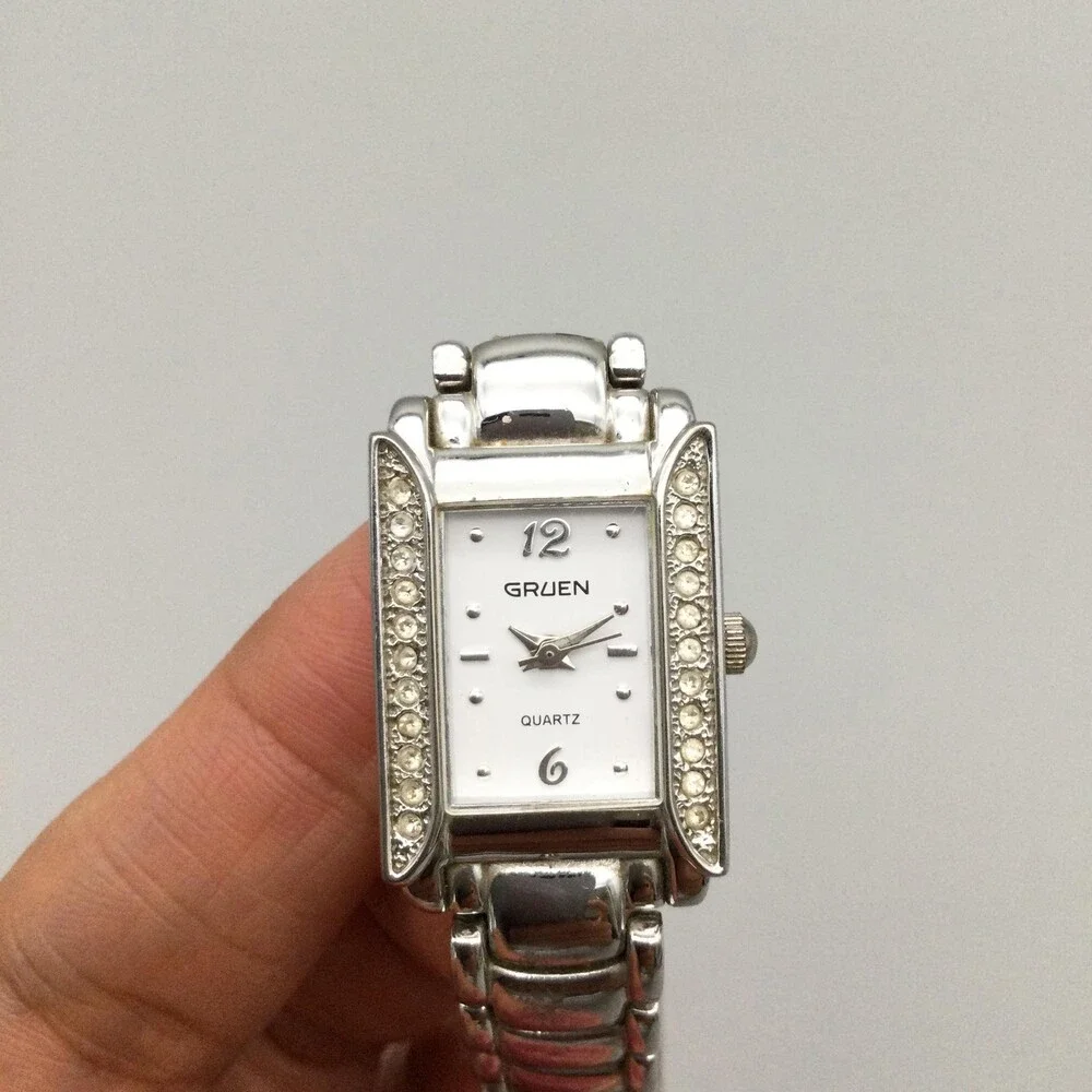 Gruen Womens Watch 19mm Silver Tone White Dial Crystals New Battery 7.5